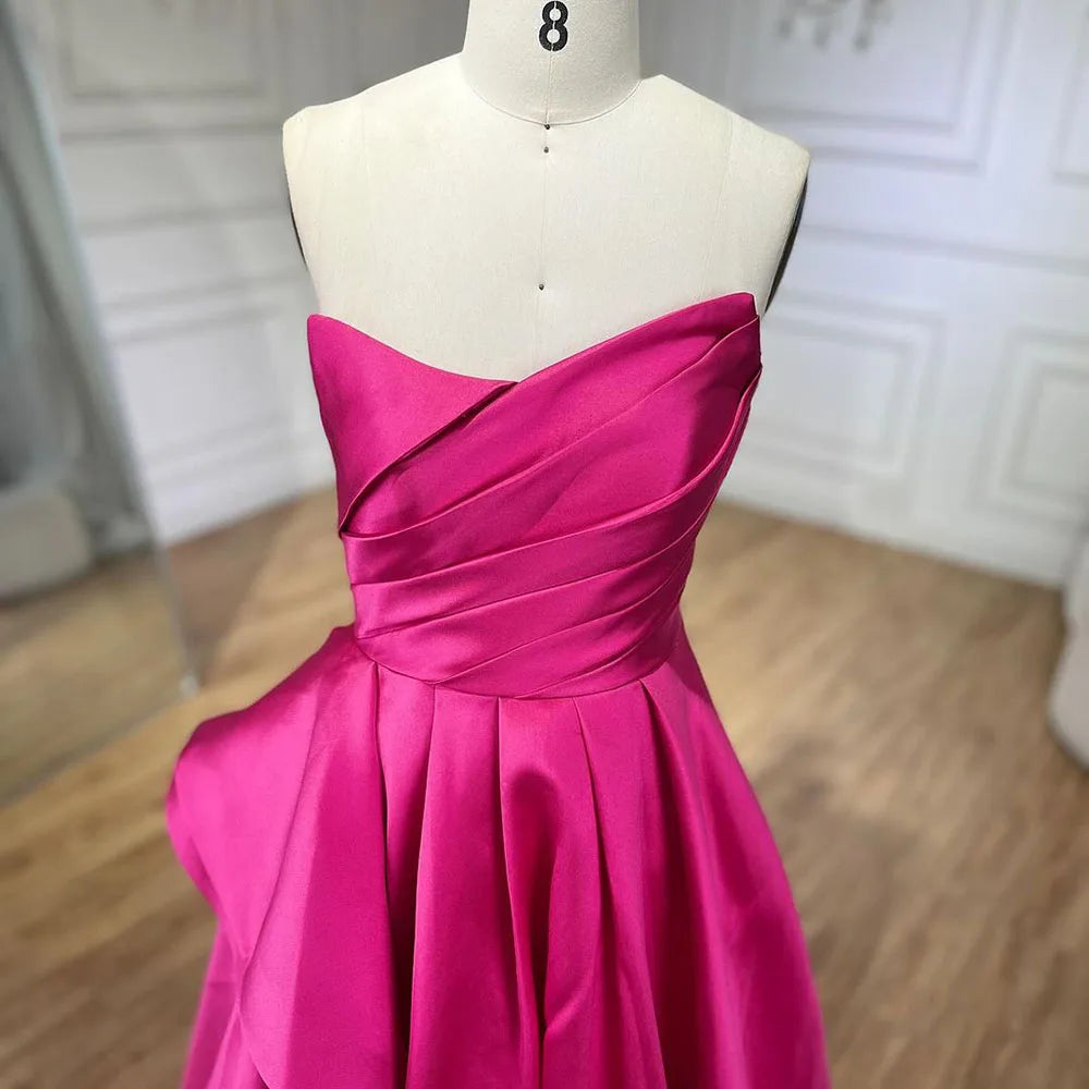 Elegante vestido de noche árabe fucsia de satén sin tirantes, corte A, para mujer, para boda, fiesta, 2025, LA72313 