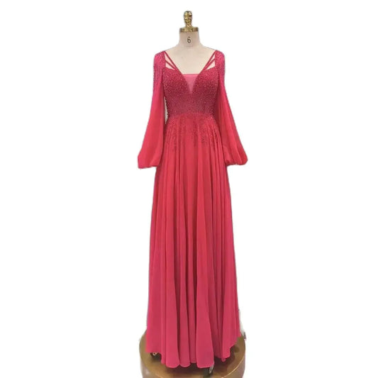 Arabisch fuchsia A-Linie Sparkle Perlen Luxus Lange Abendkleider Kleider A-Linie Perlen für Frauen Party 2025 LA72380 