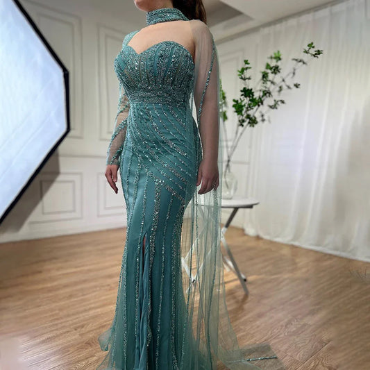 Vestido de noche árabe rosa con mangas largas y abertura alta, con cuentas y corte sirena, para mujer, para fiesta de bodas, LA71938 