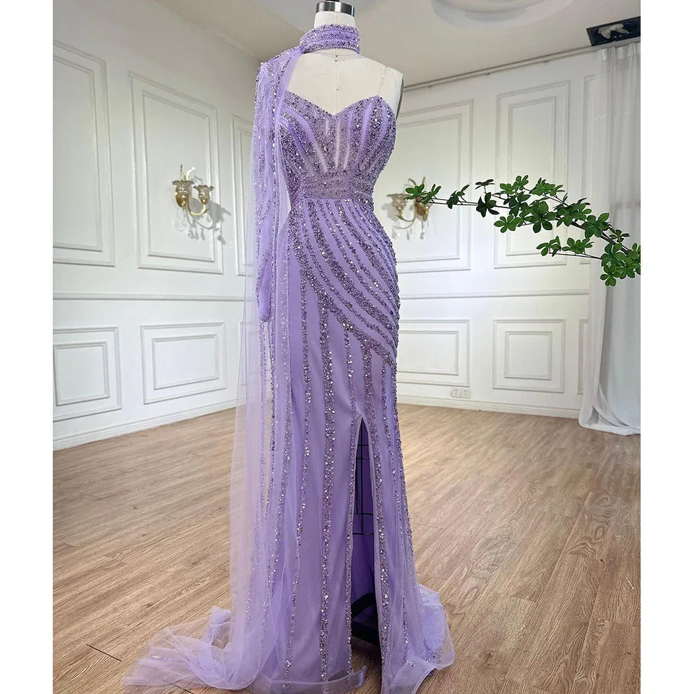 Arabisch rosa Meerjungfrau Cape Sleeve High Split Perlen Abendkleider Kleider 2025 Für Frauen Hochzeit Party LA71938 