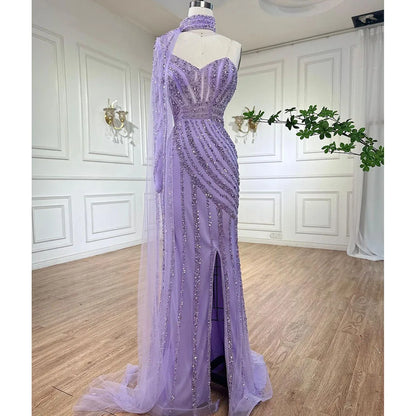 Vestido de noche árabe rosa con mangas largas y abertura alta, con cuentas y corte sirena, para mujer, para fiesta de bodas, LA71938 