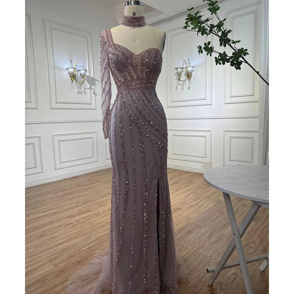 Vestido de noche árabe rosa con mangas largas y abertura alta, con cuentas y corte sirena, para mujer, para fiesta de bodas, LA71938 