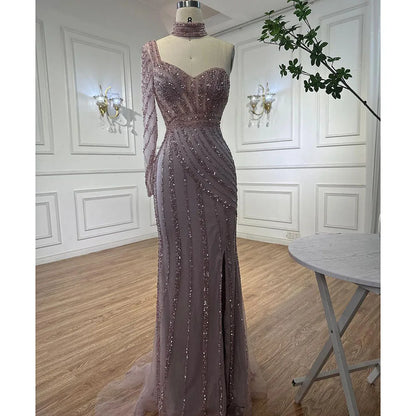 Vestido de noche árabe rosa con mangas largas y abertura alta, con cuentas y corte sirena, para mujer, para fiesta de bodas, LA71938 