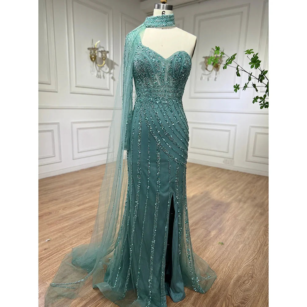 Arabisch rosa Meerjungfrau Cape Sleeve High Split Perlen Abendkleider Kleider 2025 Für Frauen Hochzeit Party LA71938 