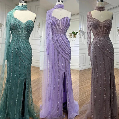 Vestido de noche árabe rosa con mangas largas y abertura alta, con cuentas y corte sirena, para mujer, para fiesta de bodas, LA71938 
