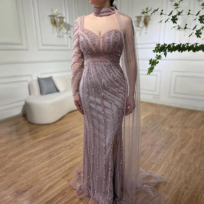 Vestido de noche árabe rosa con mangas largas y abertura alta, con cuentas y corte sirena, para mujer, para fiesta de bodas, LA71938 