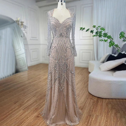 Vestidos de noche estilo sirena estilo árabe, color plata nude, con mangas largas y cuentas, estilo Dubai 2025, elegantes vestidos de fiesta para mujer LA72183 