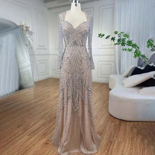 Vestidos de noche estilo sirena estilo árabe, color plata nude, con mangas largas y cuentas, estilo Dubai 2025, elegantes vestidos de fiesta para mujer LA72183 
