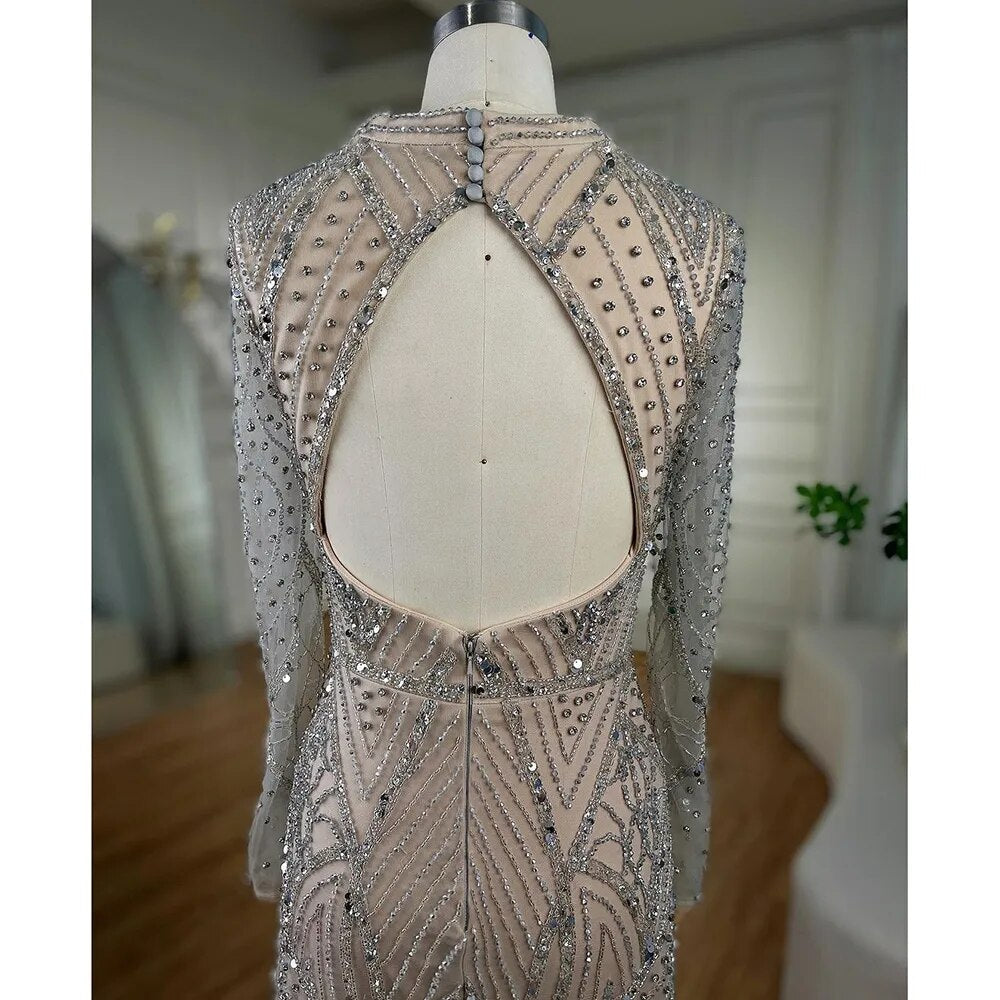 Vestidos de noche estilo sirena estilo árabe, color plata nude, con mangas largas y cuentas, estilo Dubai 2025, elegantes vestidos de fiesta para mujer LA72183 