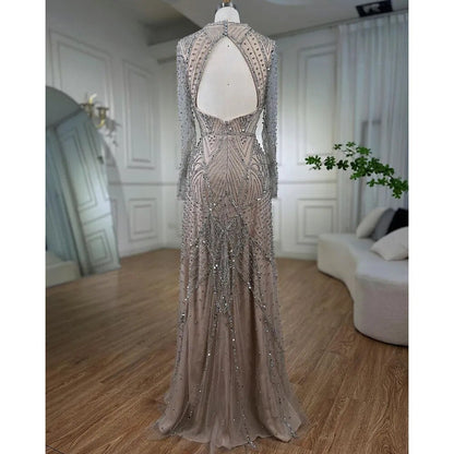 Vestidos de noche estilo sirena estilo árabe, color plata nude, con mangas largas y cuentas, estilo Dubai 2025, elegantes vestidos de fiesta para mujer LA72183 