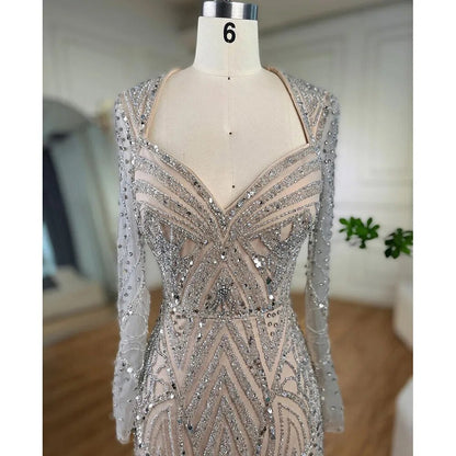 Vestidos de noche estilo sirena estilo árabe, color plata nude, con mangas largas y cuentas, estilo Dubai 2025, elegantes vestidos de fiesta para mujer LA72183 
