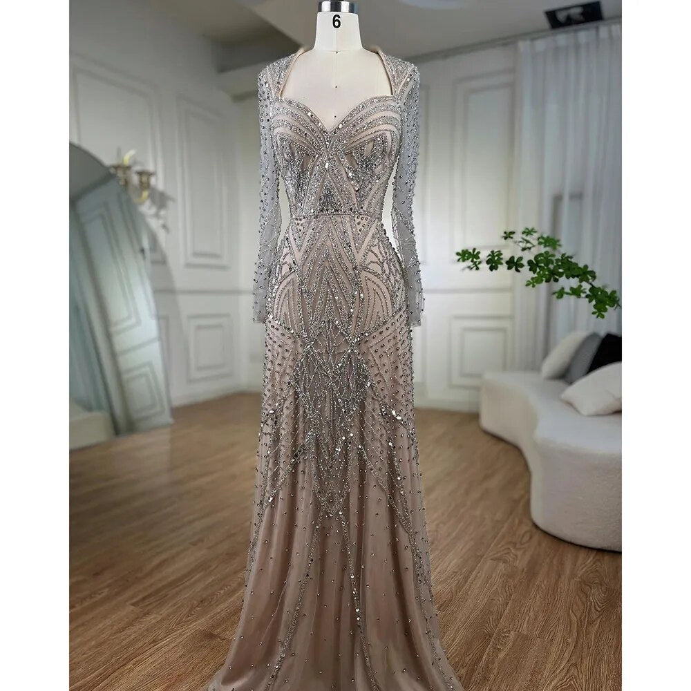 Vestidos de noche estilo sirena estilo árabe, color plata nude, con mangas largas y cuentas, estilo Dubai 2025, elegantes vestidos de fiesta para mujer LA72183 
