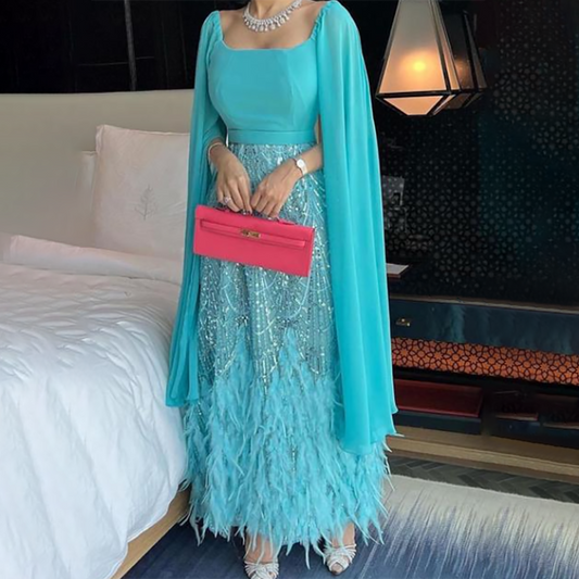 Vestido de noche árabe hasta los tobillos con mangas estilo capa, corte A y plumas de cuentas azules para fiesta LA72158 