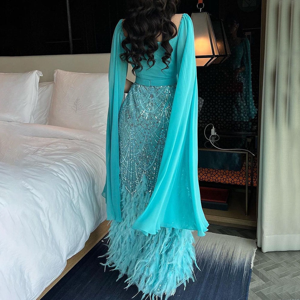 Vestido de noche árabe hasta los tobillos con mangas estilo capa, corte A y plumas de cuentas azules para fiesta LA72158 