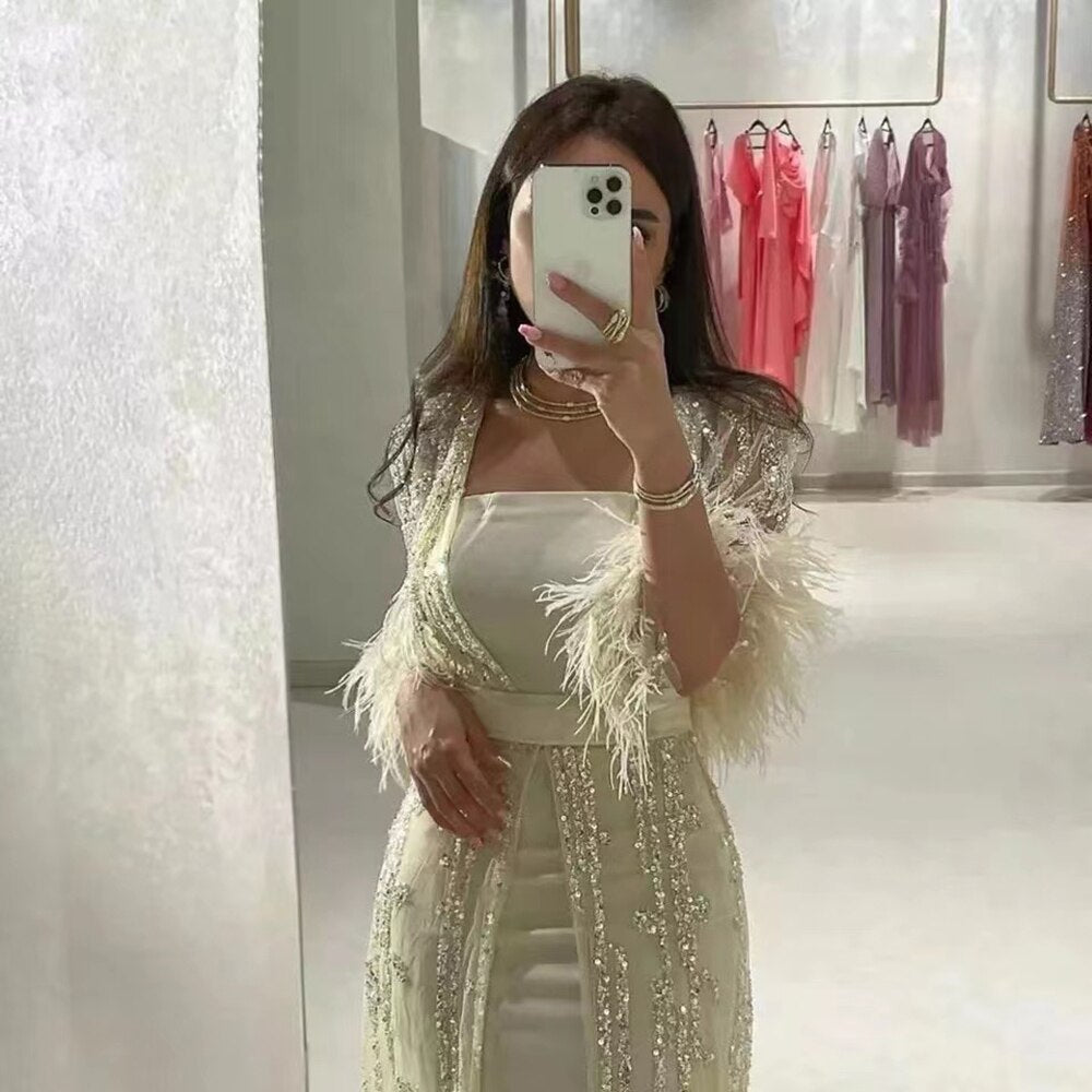 Perlenfedern A-Linie Creme Kaftan Marocain Femme Abendkleider Arabisch Mit Jacke Kleid Für Party LA71759 