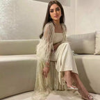 Perlenfedern A-Linie Creme Kaftan Marocain Femme Abendkleider Arabisch Mit Jacke Kleid Für Party LA71759 