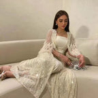 Perlenfedern A-Linie Creme Kaftan Marocain Femme Abendkleider Arabisch Mit Jacke Kleid Für Party LA71759 