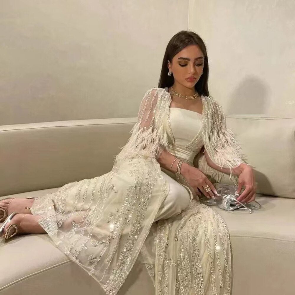 Vestido de noche marroquí con plumas y cuentas, corte A, color crema, con chaqueta, para fiesta, LA71759 