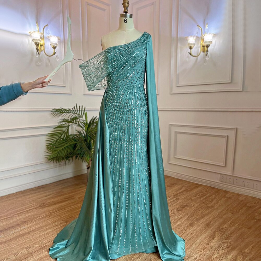 Vestido de noche elegante de sirena con mangas abullonadas y cuentas rosas, de lujo, para mujer, para fiesta de bodas, LA71694 