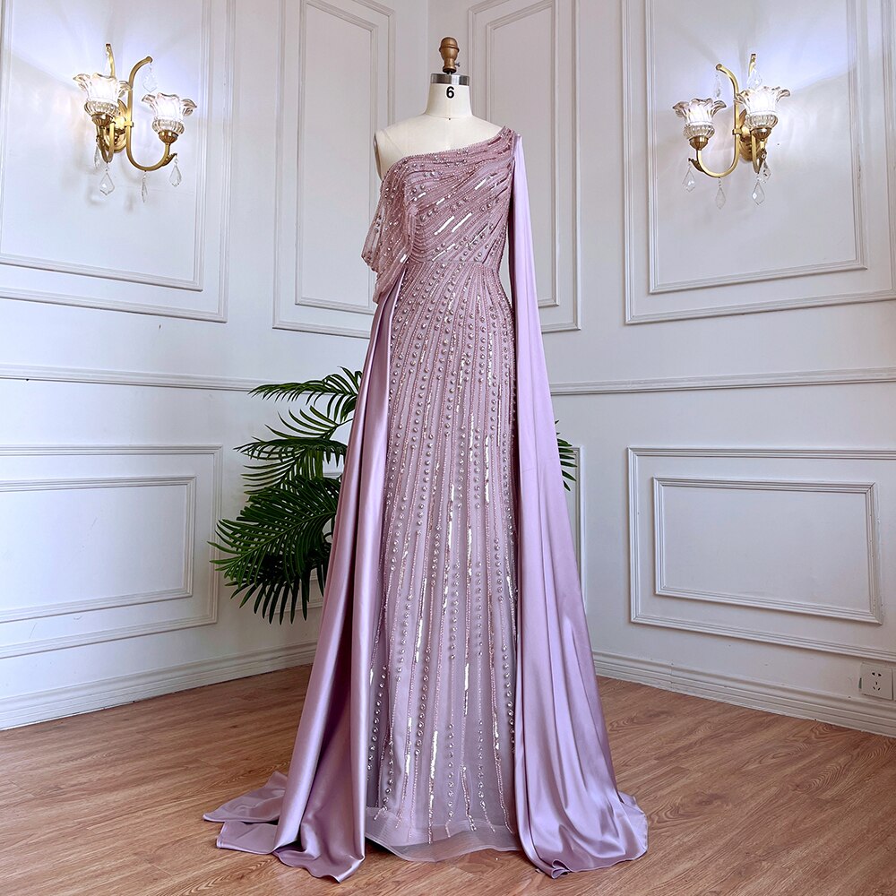 Vestido de noche elegante de sirena con mangas abullonadas y cuentas rosas, de lujo, para mujer, para fiesta de bodas, LA71694 