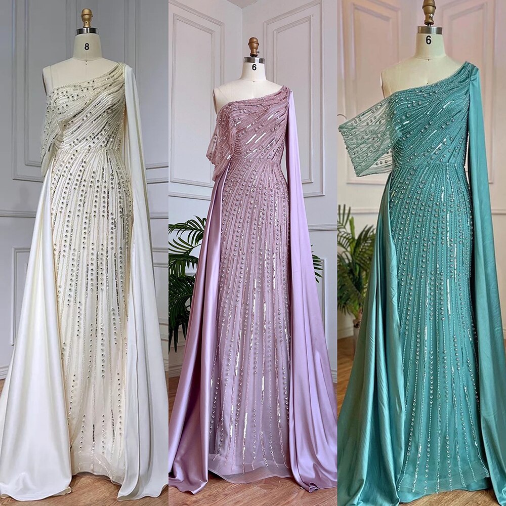 Vestido de noche elegante de sirena con mangas abullonadas y cuentas rosas, de lujo, para mujer, para fiesta de bodas, LA71694 