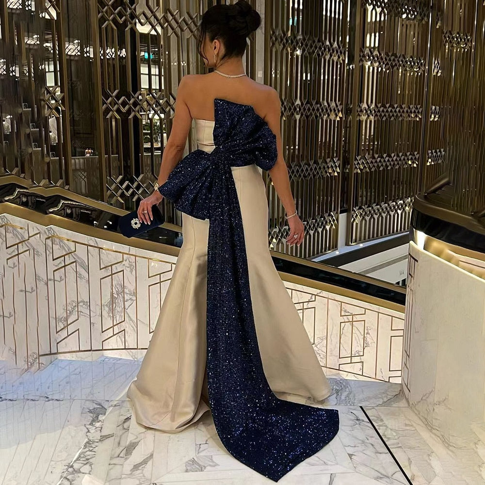 Beige Elegant Mermaid Mikado Satin Sexy Strapless  Long Evening Dresses Gowns 2025 For Women Wedding Party LA71953