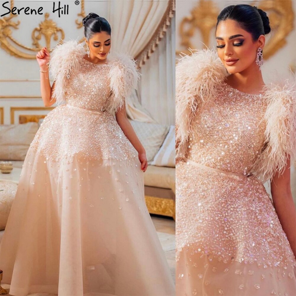 Vestidos de noche de lujo beige 2025 con cuentas y plumas para mujer, para fiesta de boda LA71229 