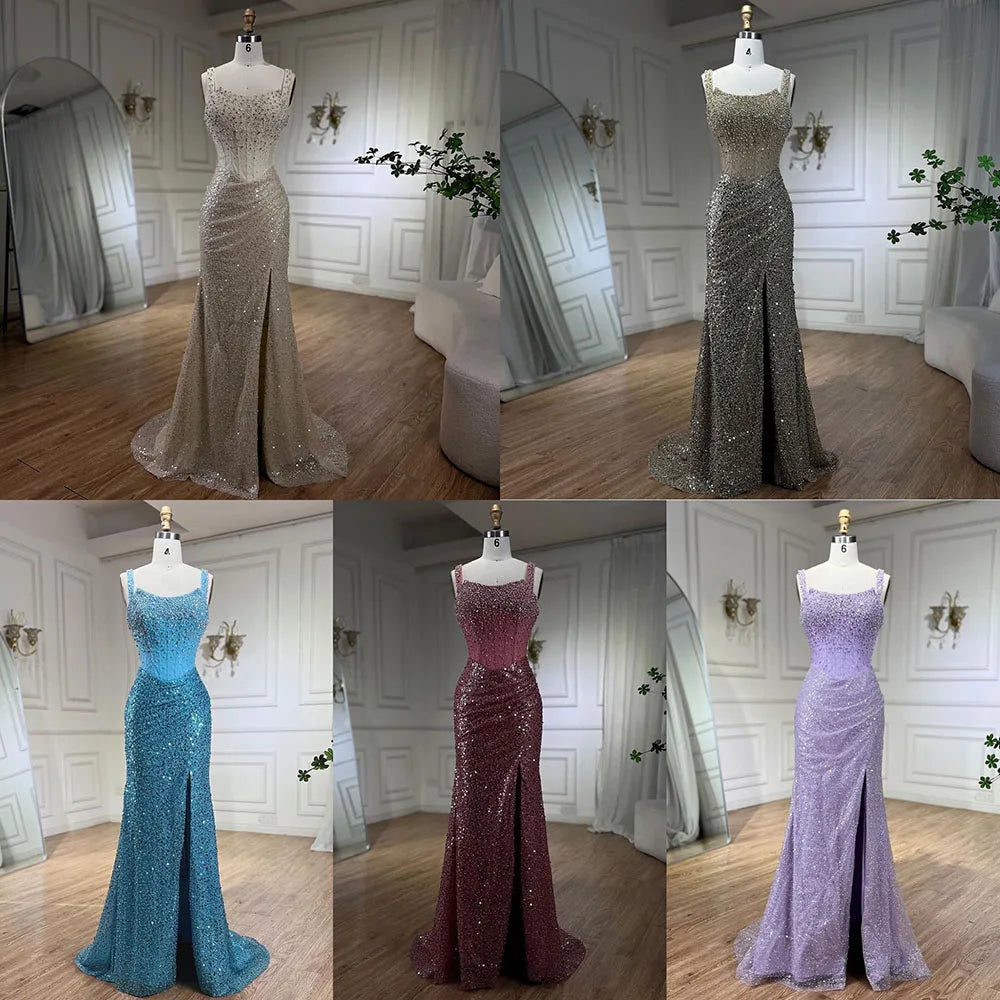 Beige Meerjungfrau Bodenlangen Abendkleider Luxus Perlen Kristall Spaghetti Strap Party Kleider Für Frauen 2025 LA72163 
