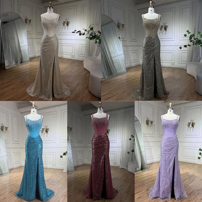 Beige Meerjungfrau Bodenlangen Abendkleider Luxus Perlen Kristall Spaghetti Strap Party Kleider Für Frauen 2025 LA72163 
