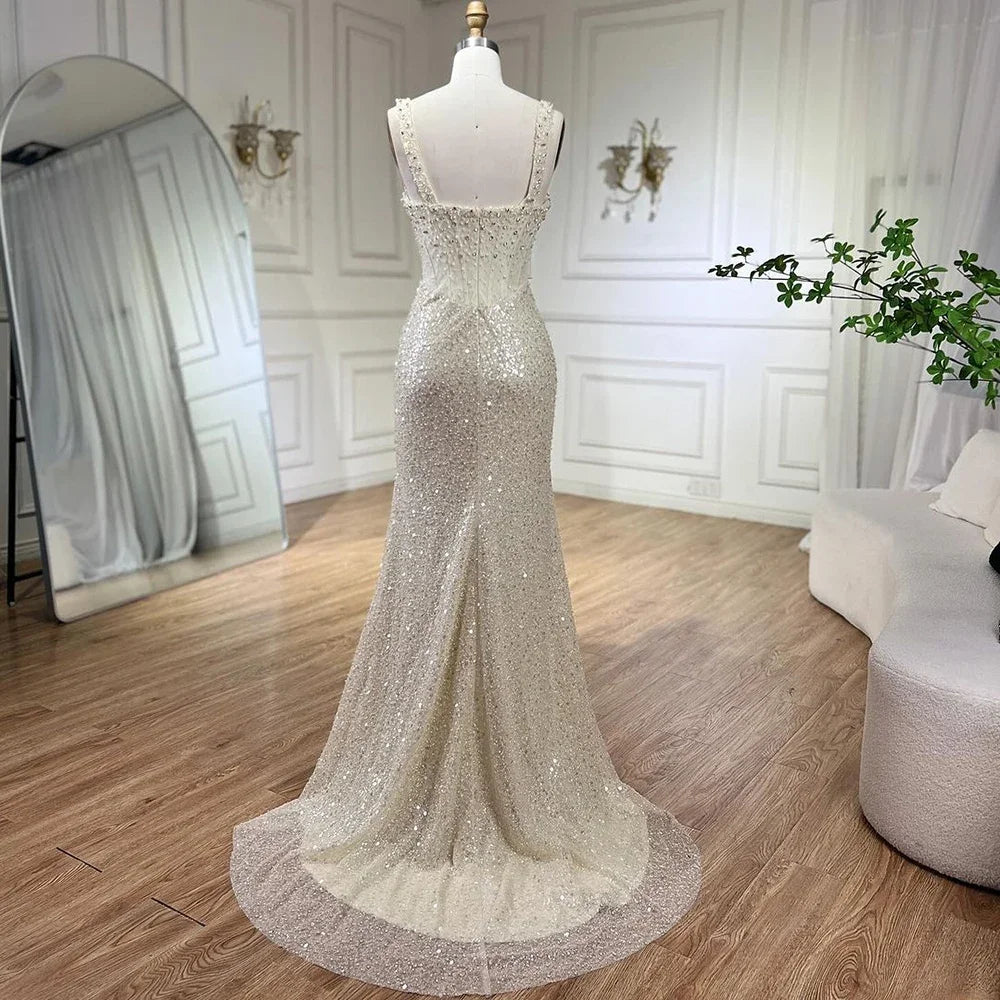 Beige Meerjungfrau Bodenlangen Abendkleider Luxus Perlen Kristall Spaghetti Strap Party Kleider Für Frauen 2025 LA72163 