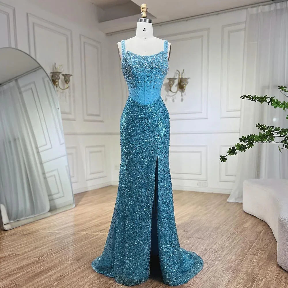Vestido de noche beige de sirena, largo hasta el suelo, de lujo, con cuentas de cristal y tirantes finos, para mujer, 2025, LA72163 