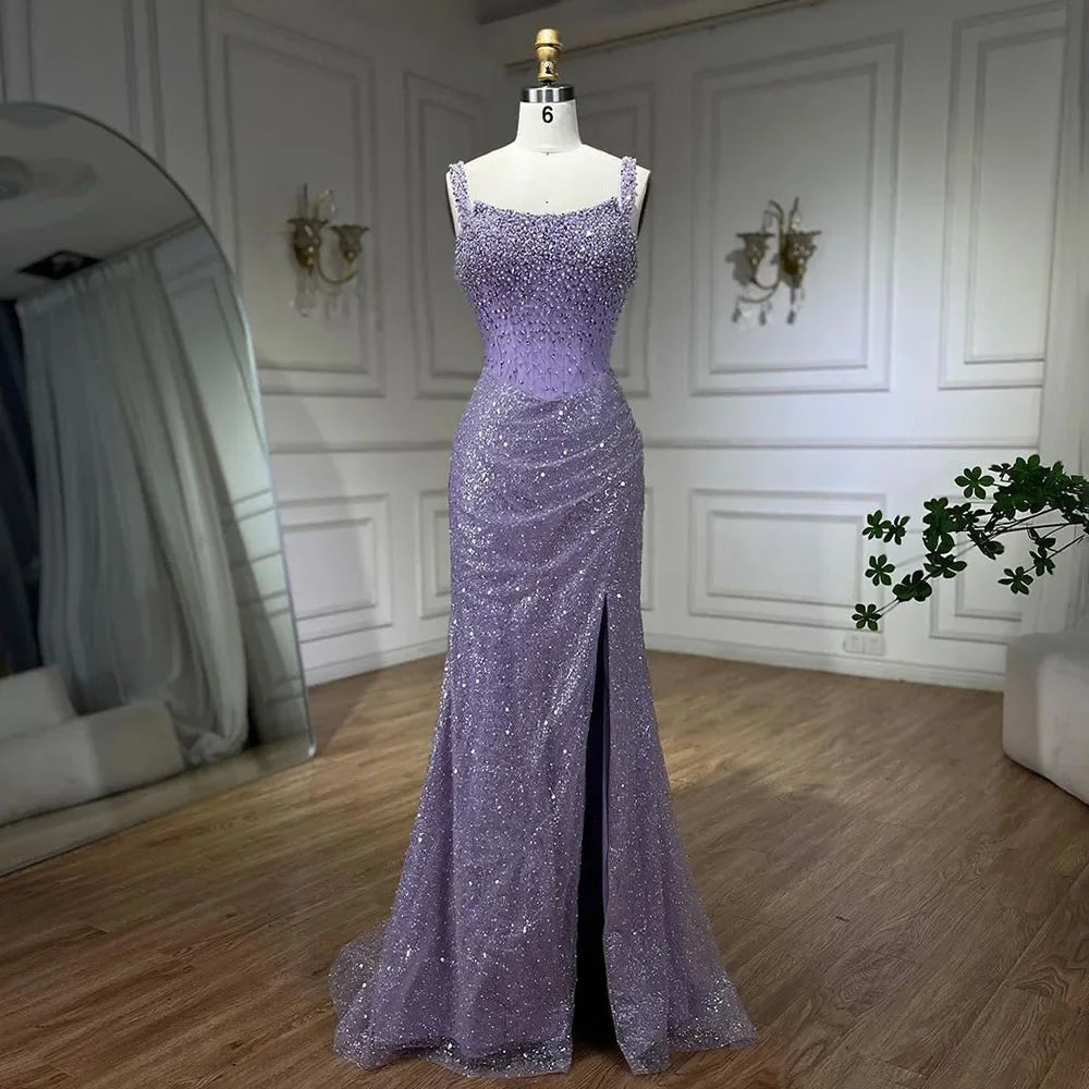 Vestido de noche beige de sirena, largo hasta el suelo, de lujo, con cuentas de cristal y tirantes finos, para mujer, 2025, LA72163 