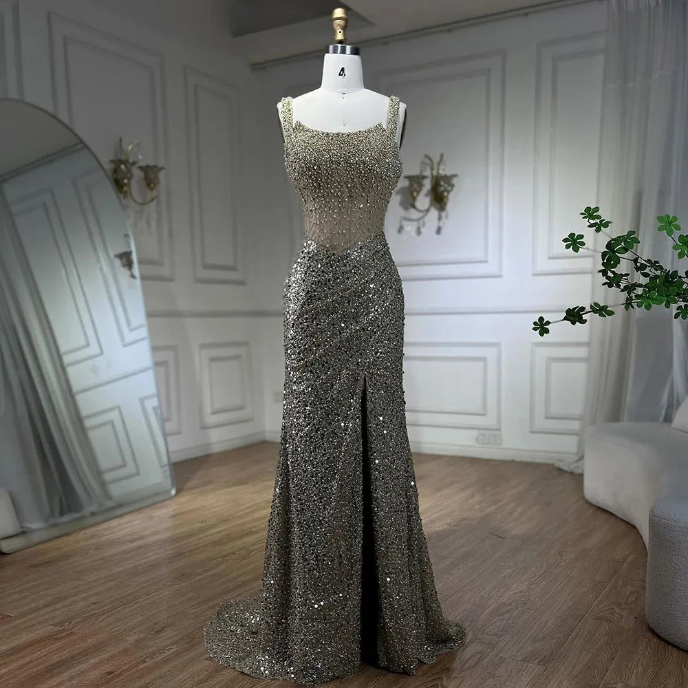 Vestido de noche beige de sirena, largo hasta el suelo, de lujo, con cuentas de cristal y tirantes finos, para mujer, 2025, LA72163 