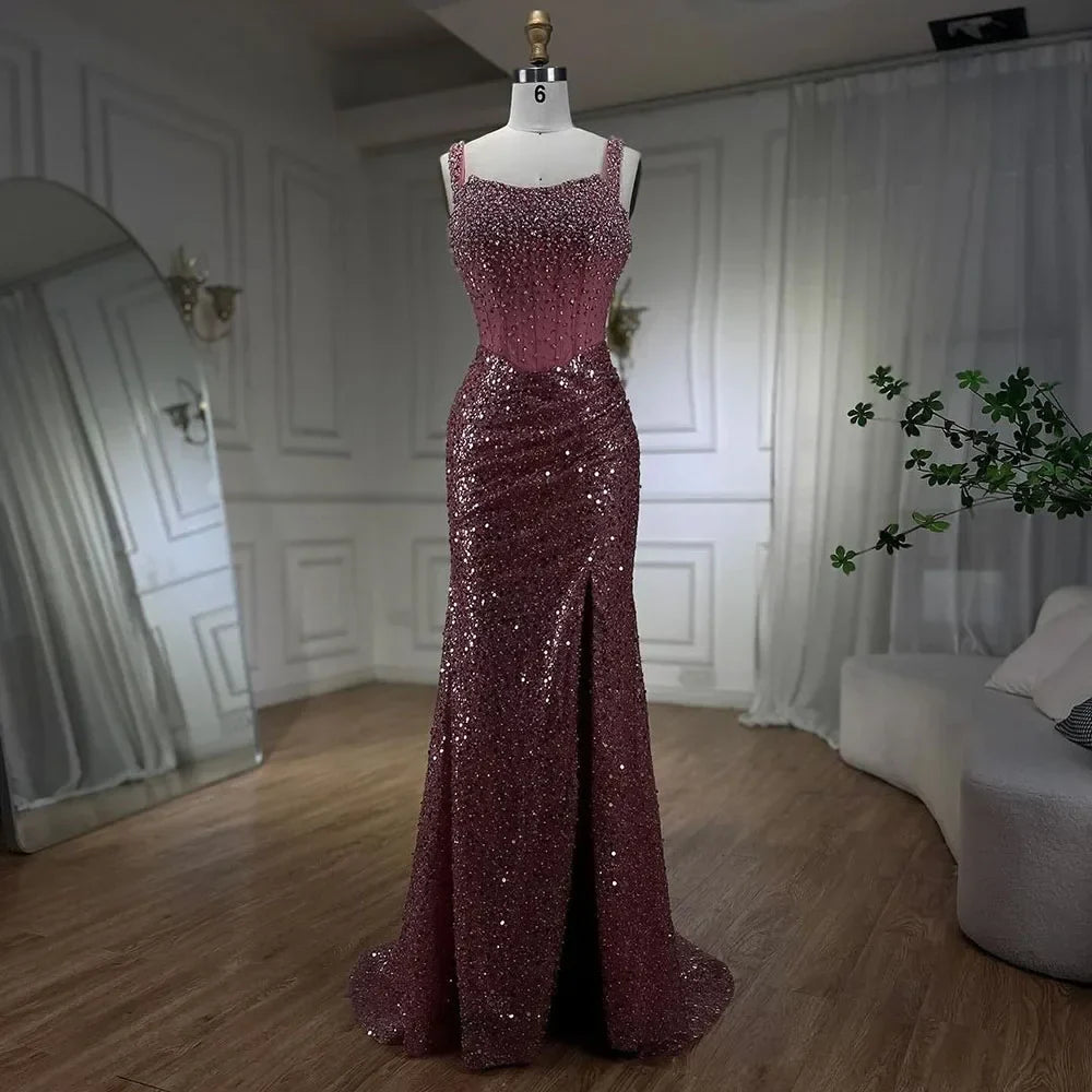 Vestido de noche beige de sirena, largo hasta el suelo, de lujo, con cuentas de cristal y tirantes finos, para mujer, 2025, LA72163 