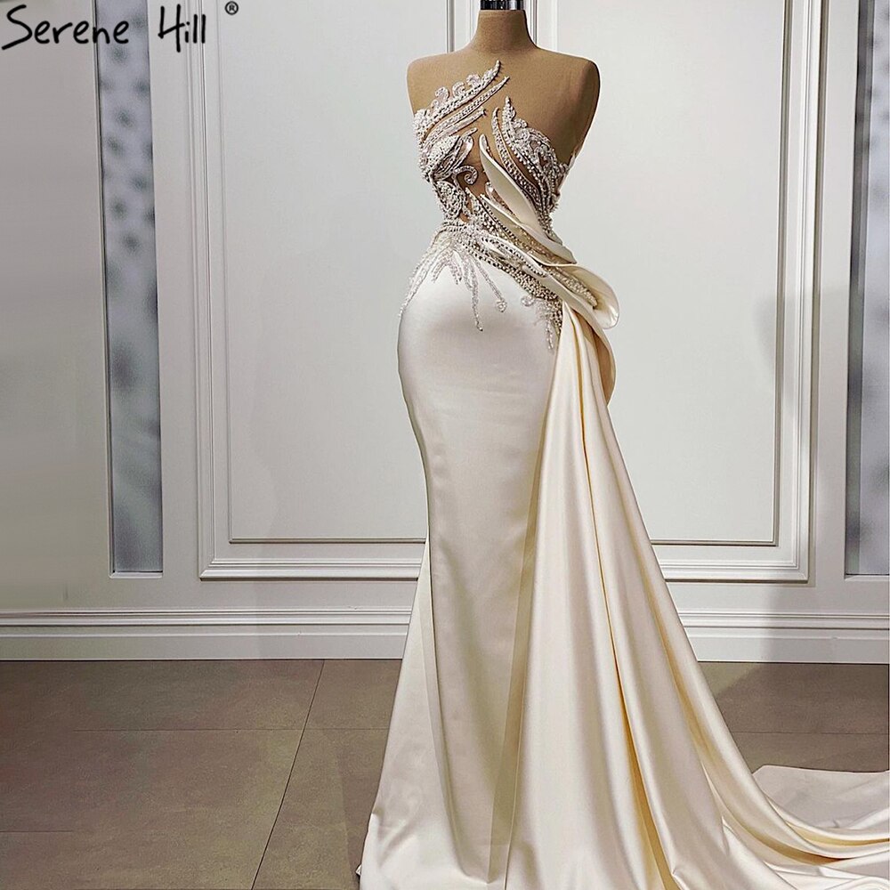 Vestido de noche con sobrefalda de sirena beige, elegante, de satén con cuentas, para mujer, fiesta, LA71199 