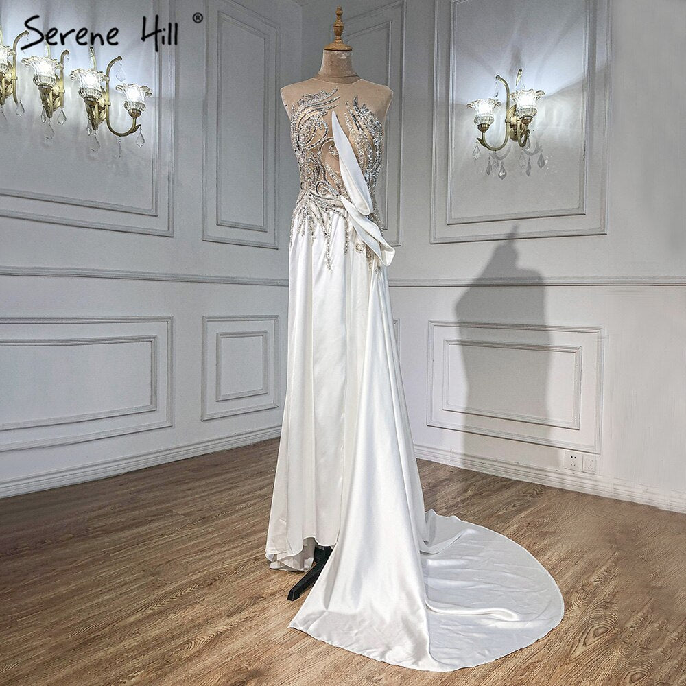 Vestido de noche con sobrefalda de sirena beige, elegante, de satén con cuentas, para mujer, fiesta, LA71199 