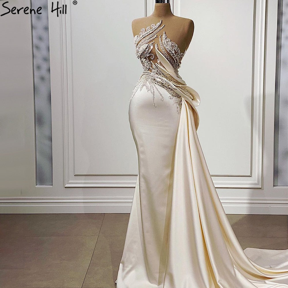 Vestido de noche con sobrefalda de sirena beige, elegante, de satén con cuentas, para mujer, fiesta, LA71199 
