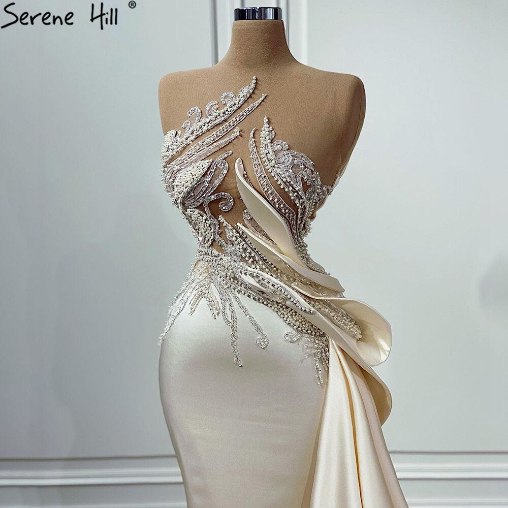 Vestido de noche con sobrefalda de sirena beige, elegante, de satén con cuentas, para mujer, fiesta, LA71199 