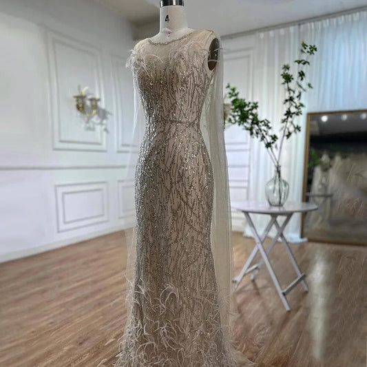 Beige Meerjungfrau Schal Garn Sexy Perlen Federn Luxus Dubai Abendkleider Kleider 2025 Für Frauen Party LA72142 