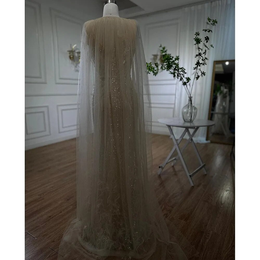 Beige Meerjungfrau Schal Garn Sexy Perlen Federn Luxus Dubai Abendkleider Kleider 2025 Für Frauen Party LA72142 