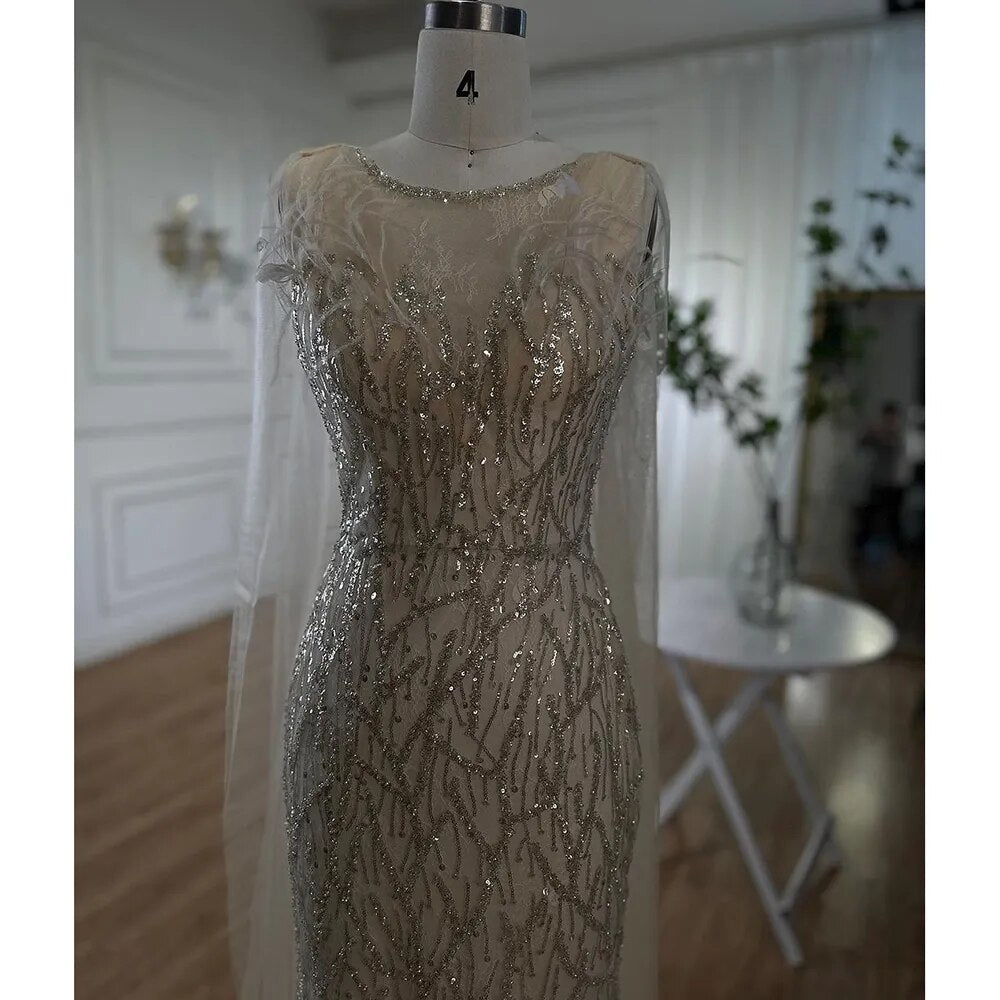 Beige Meerjungfrau Schal Garn Sexy Perlen Federn Luxus Dubai Abendkleider Kleider 2025 Für Frauen Party LA72142 