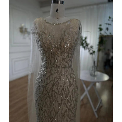 Beige Meerjungfrau Schal Garn Sexy Perlen Federn Luxus Dubai Abendkleider Kleider 2025 Für Frauen Party LA72142 