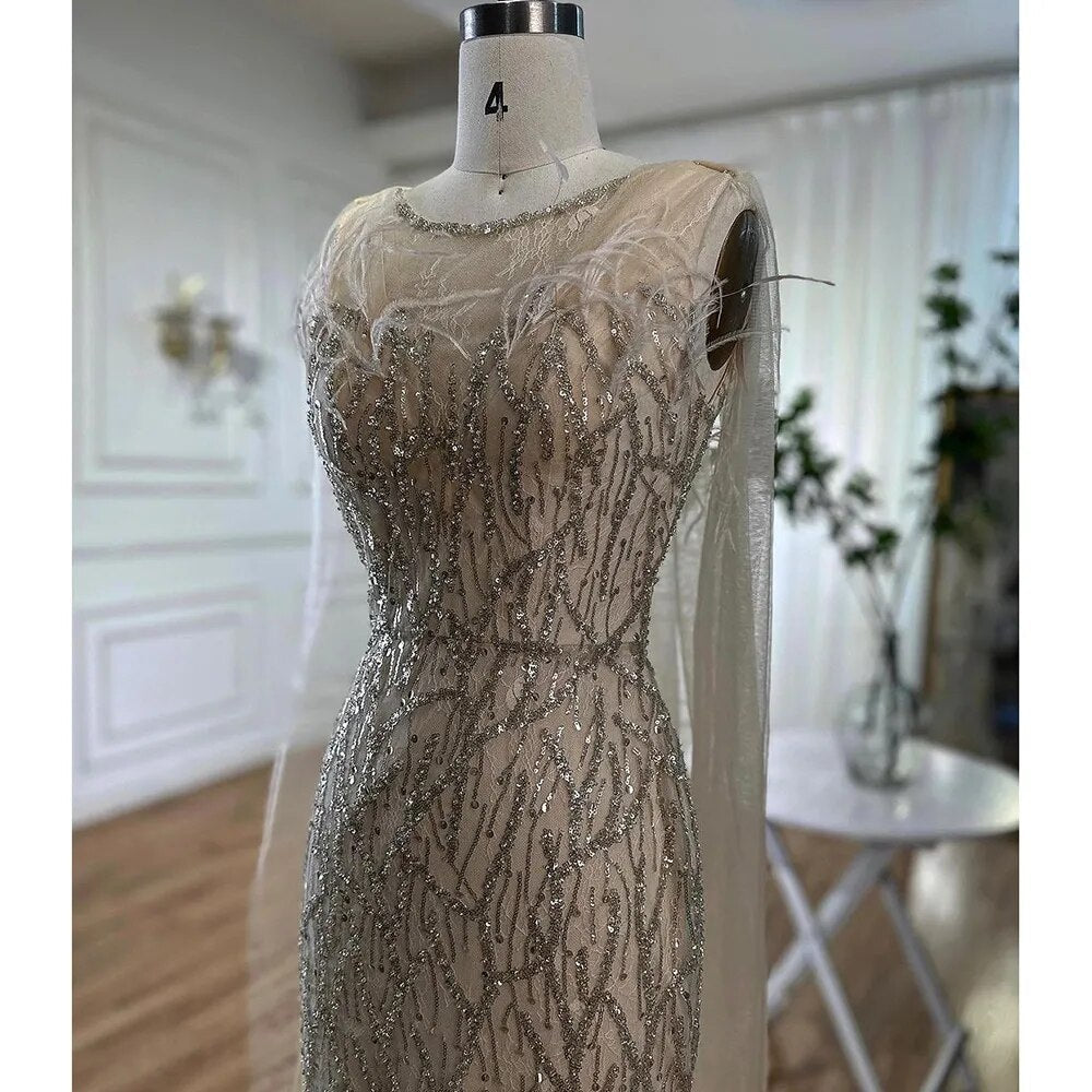 Beige Meerjungfrau Schal Garn Sexy Perlen Federn Luxus Dubai Abendkleider Kleider 2025 Für Frauen Party LA72142 