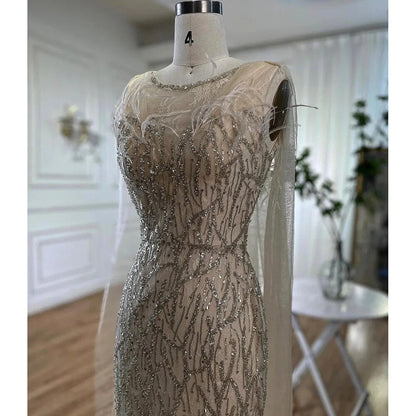 Beige Meerjungfrau Schal Garn Sexy Perlen Federn Luxus Dubai Abendkleider Kleider 2025 Für Frauen Party LA72142 
