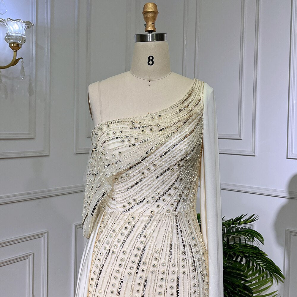 Vestido de noche elegante de sirena con cuentas, de lujo, color beige, con un solo hombro y mangas estilo capa, para mujer, 2025, LA71694 