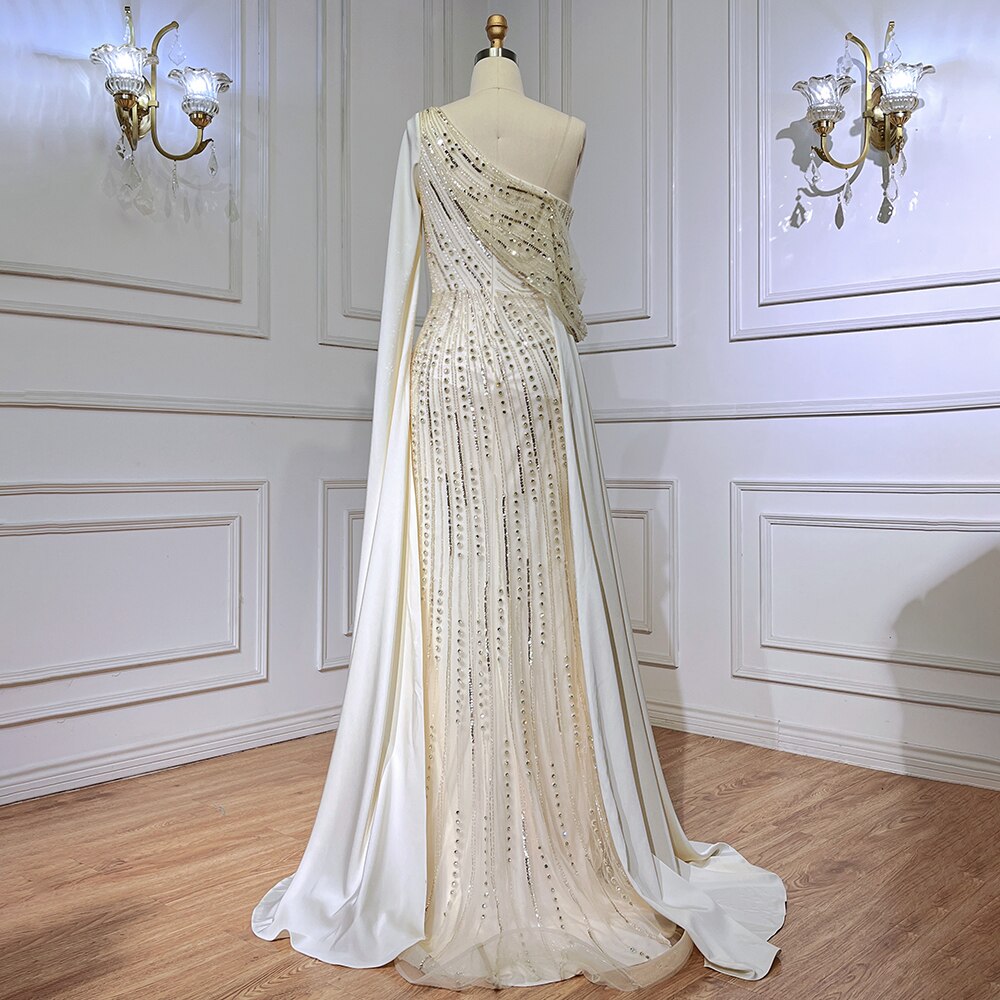 Vestido de noche elegante de sirena con cuentas, de lujo, color beige, con un solo hombro y mangas estilo capa, para mujer, 2025, LA71694 