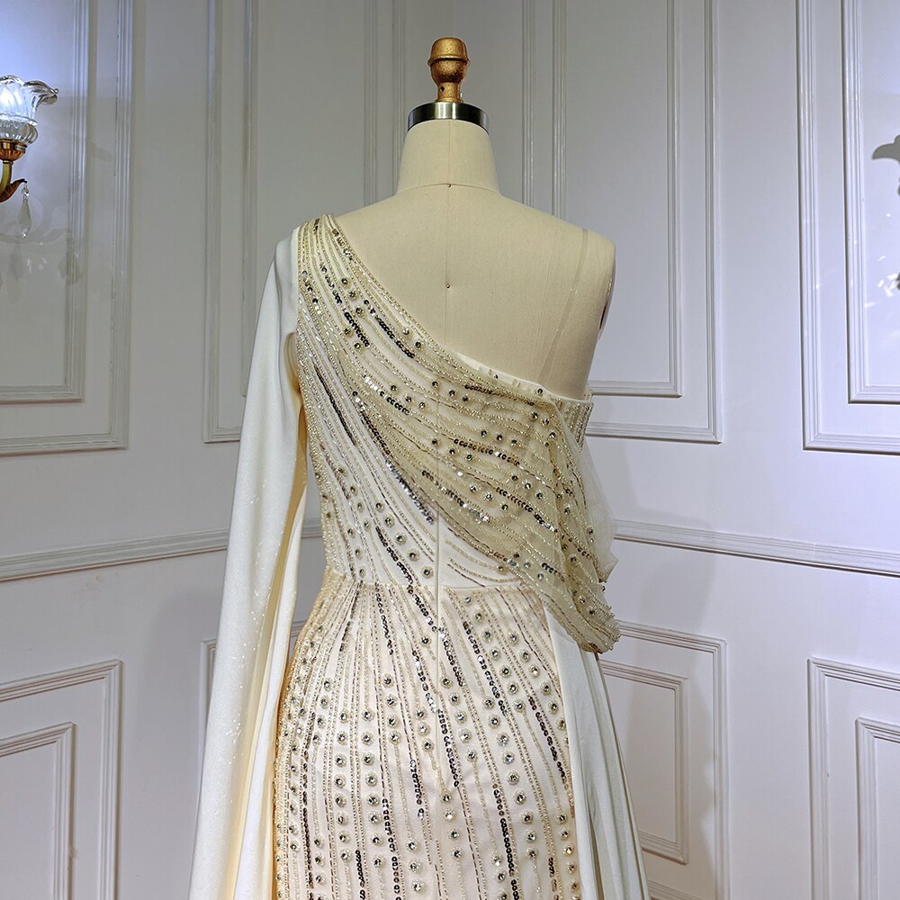 Beige One-Shoulder Cape Sleeve Elegante Meerjungfrau Perlen Luxus Abendkleider Kleider 2025 Für Frau Party LA71694 