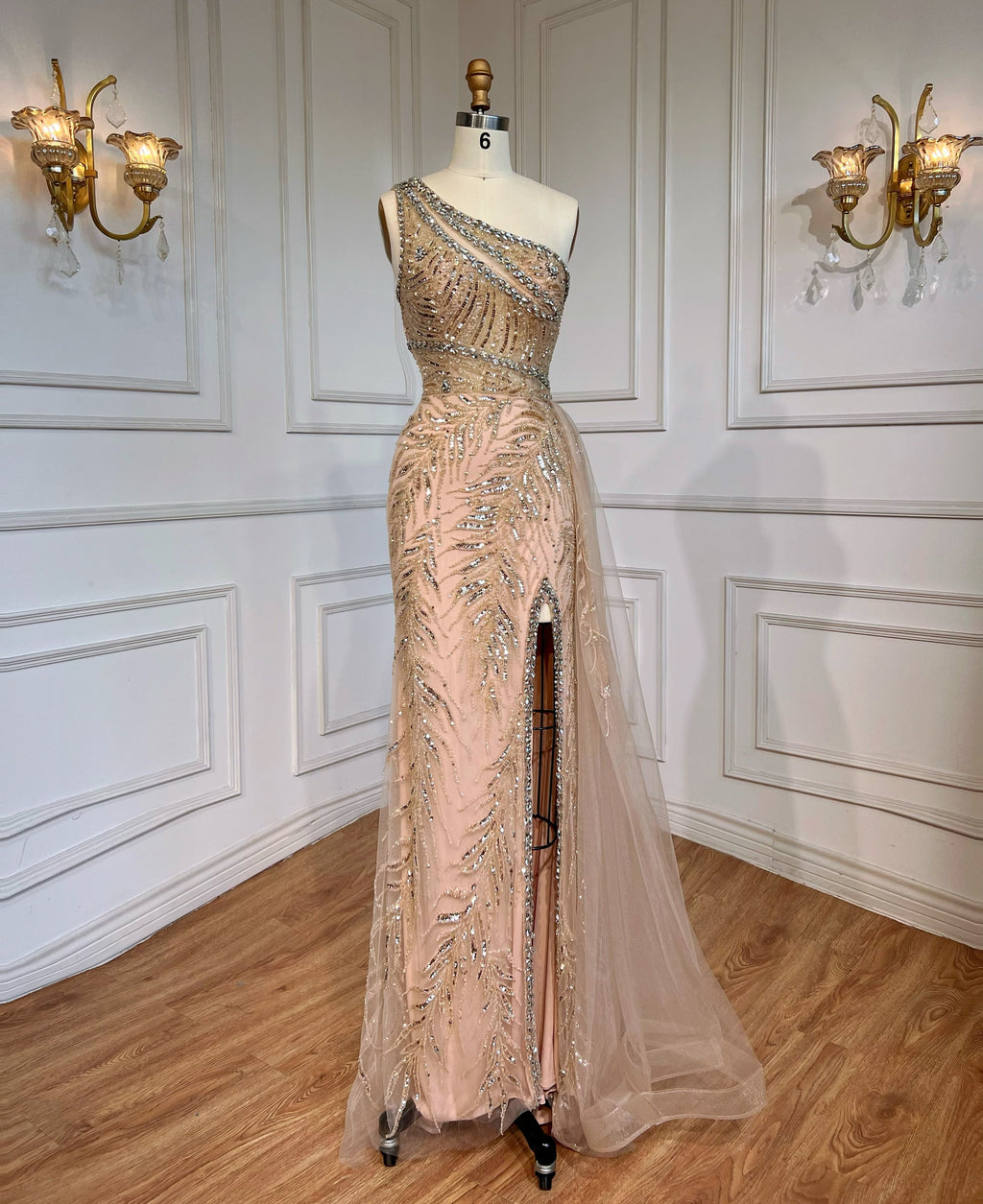 Vestido de noche elegante, sexy, color beige, con abertura alta, corte sirena, con cuentas y sobrefalda, para mujer, fiesta, LA71623 