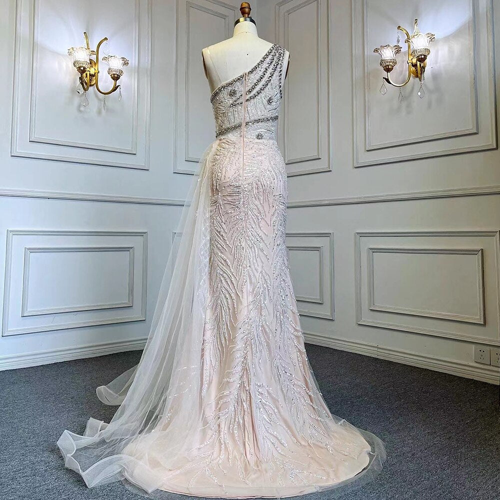 Beige Sexy High Split Elegante Abendkleider Meerjungfrau Perlen Mit Überrock 2025 Für Frauen Party LA71623 