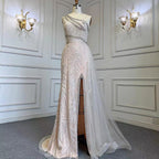 Vestido de noche elegante, sexy, color beige, con abertura alta, corte sirena, con cuentas y sobrefalda, para mujer, fiesta, LA71623 